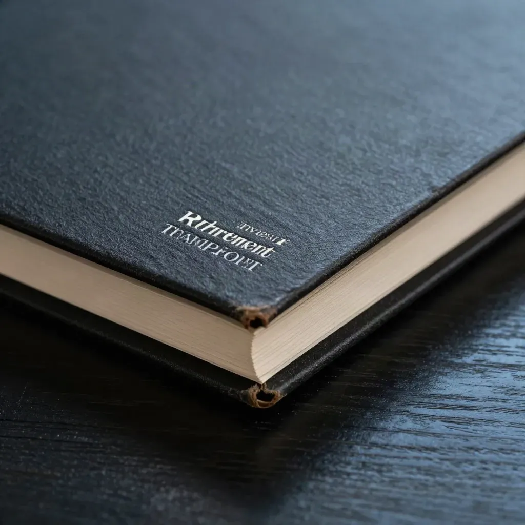 Slate retirement binder with cream insert on dark wood, lit by a hard side beam.