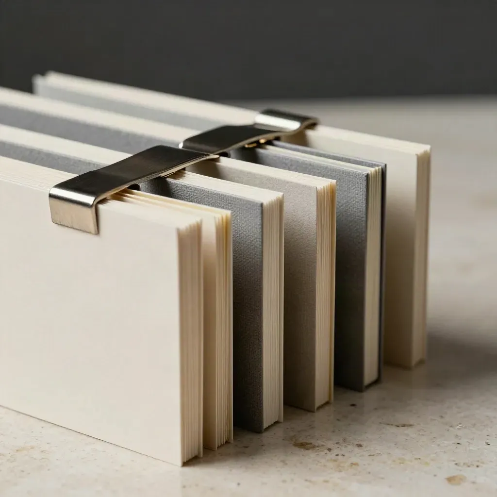 Three modular investment folios clipped together on travertine, lit with raking shadows.