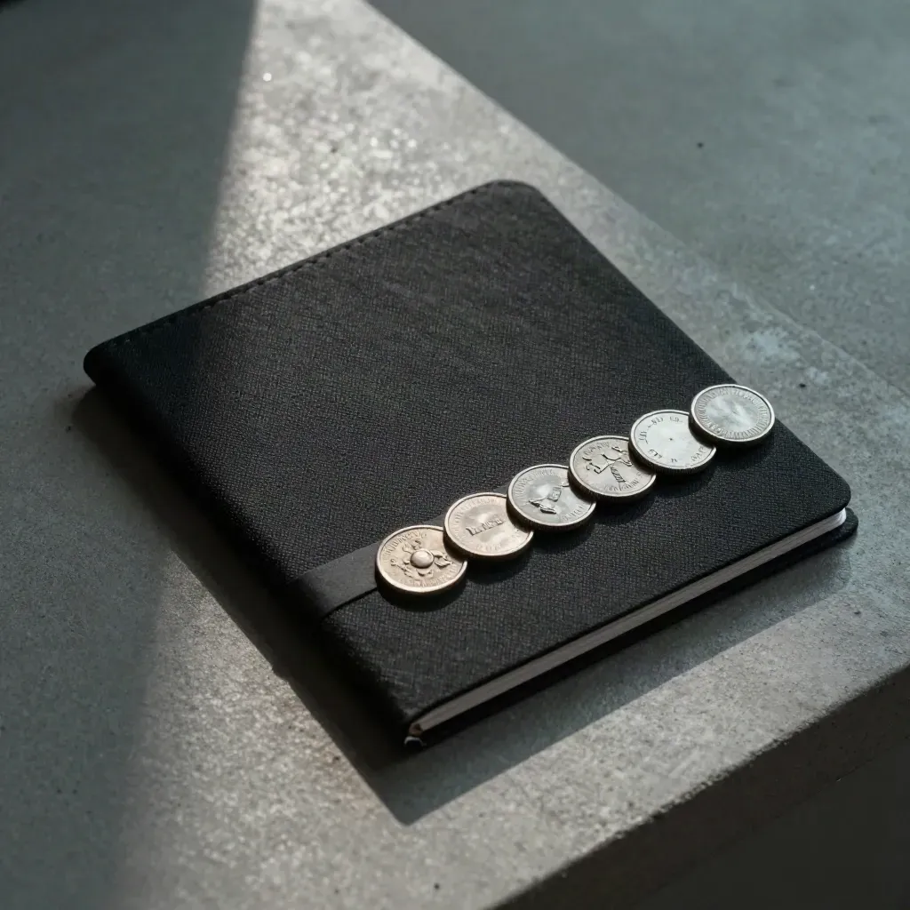 Black folio with metal tokens and a paper band on concrete, overhead.