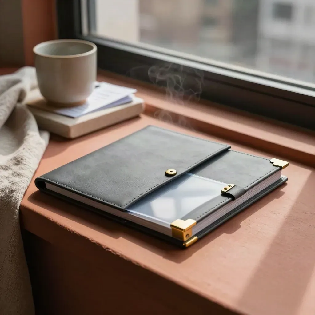Stock watchlist kit on a terracotta window seat with cup, stone tray, and soft side light.