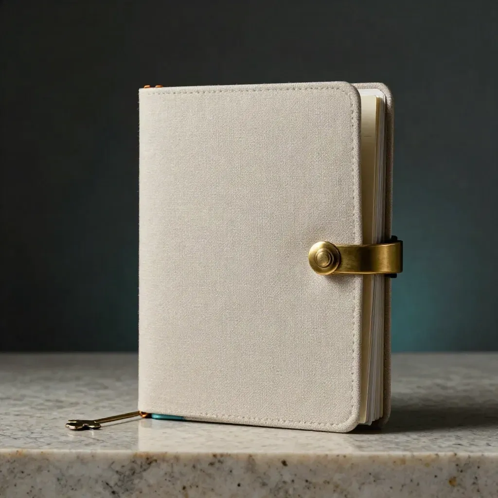 Cream linen folio with brass ring and blank sleeves on a travertine plinth.