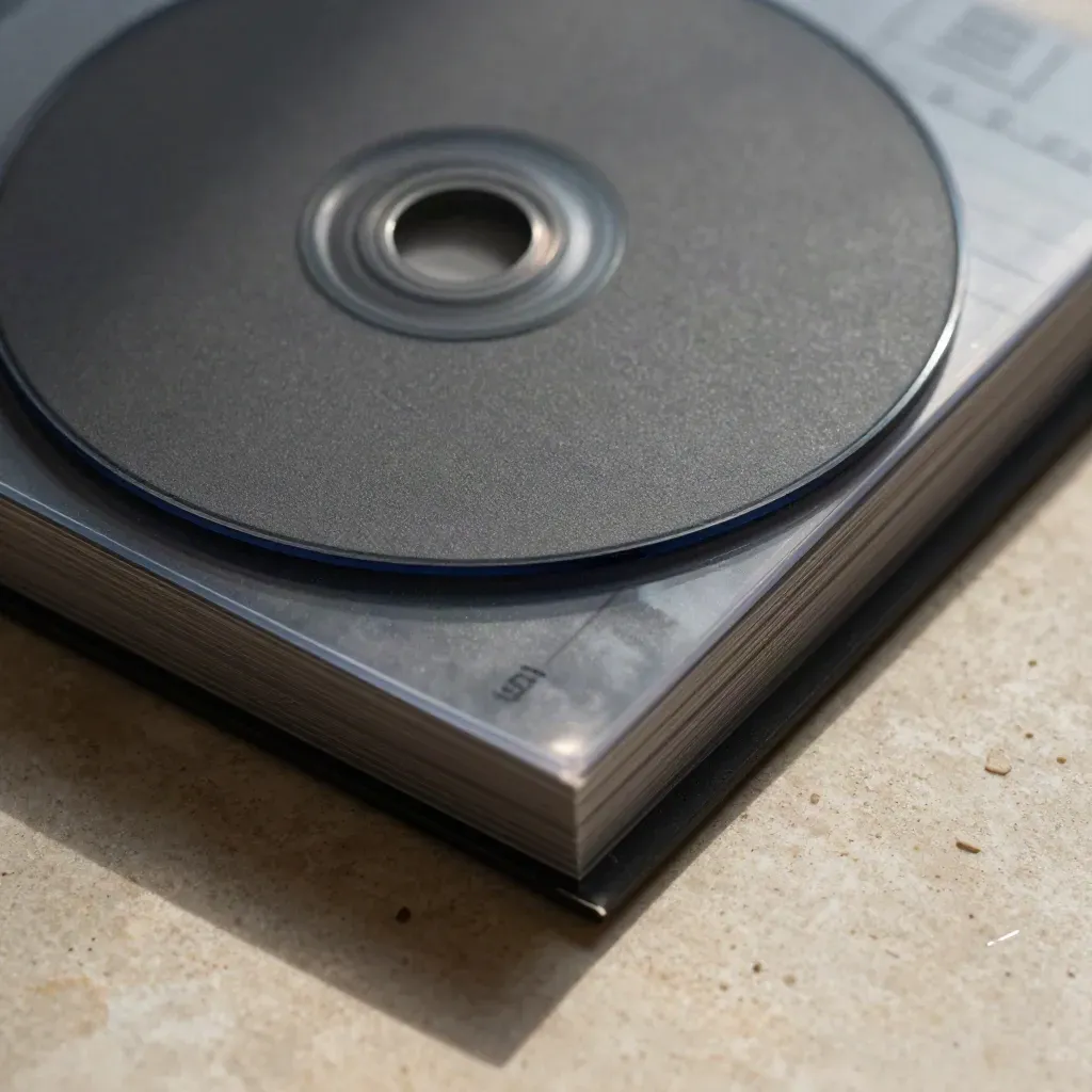 Top-down macro of a graphite report sleeve, translucent overlays and a matte disc on limestone.