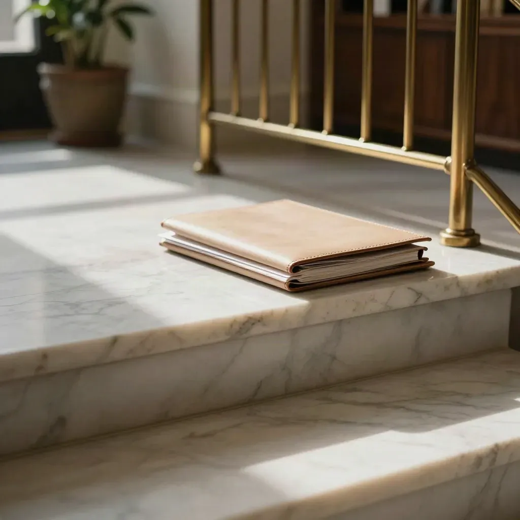 Sunlit marble stair hall with brass rail, blurred planter and a closed portfolio folder.
