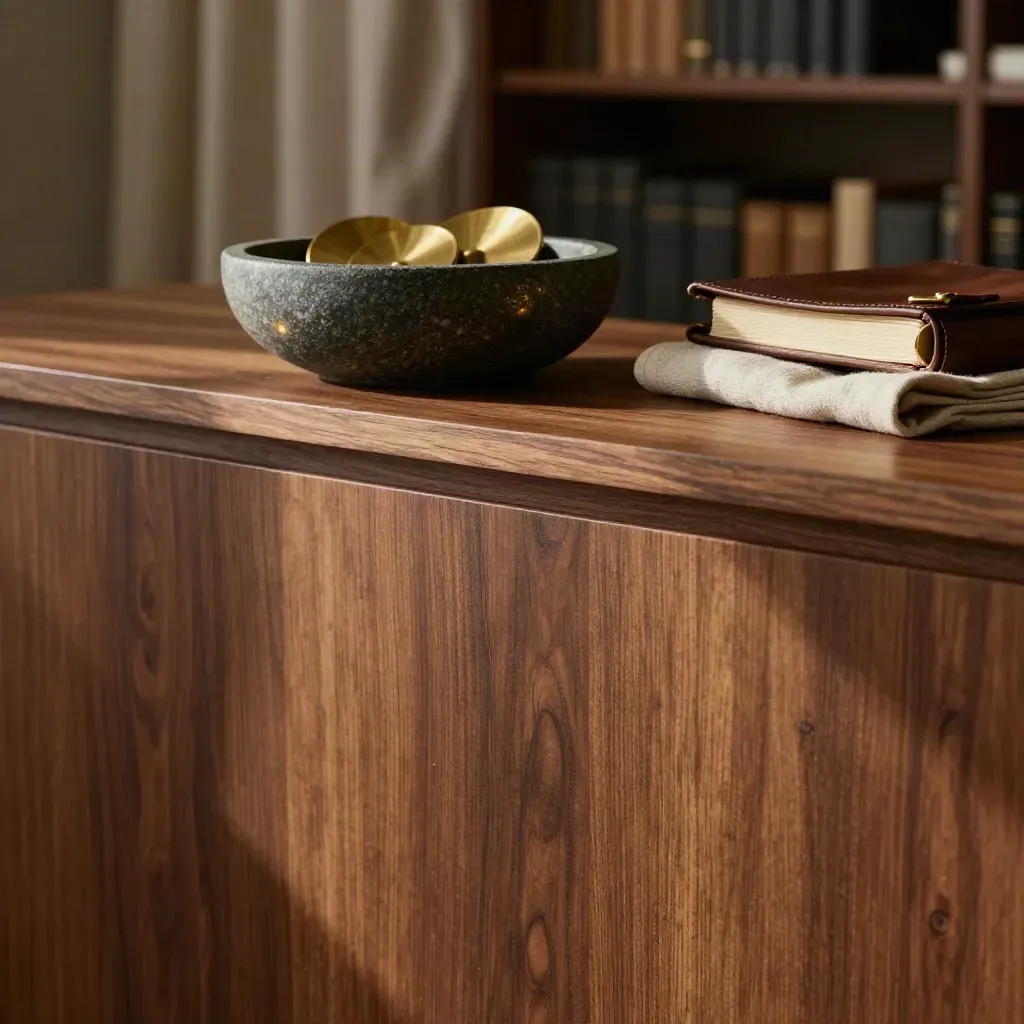 Walnut ledge with stone bowl, linen curtain, and blurred shelving in soft sunlight