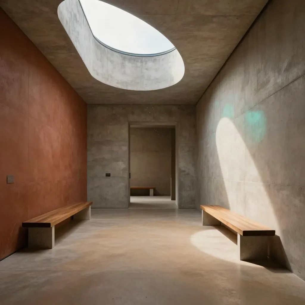 Sunlit concrete gallery corridor with curved skylight, teal accent, and calm copy space.