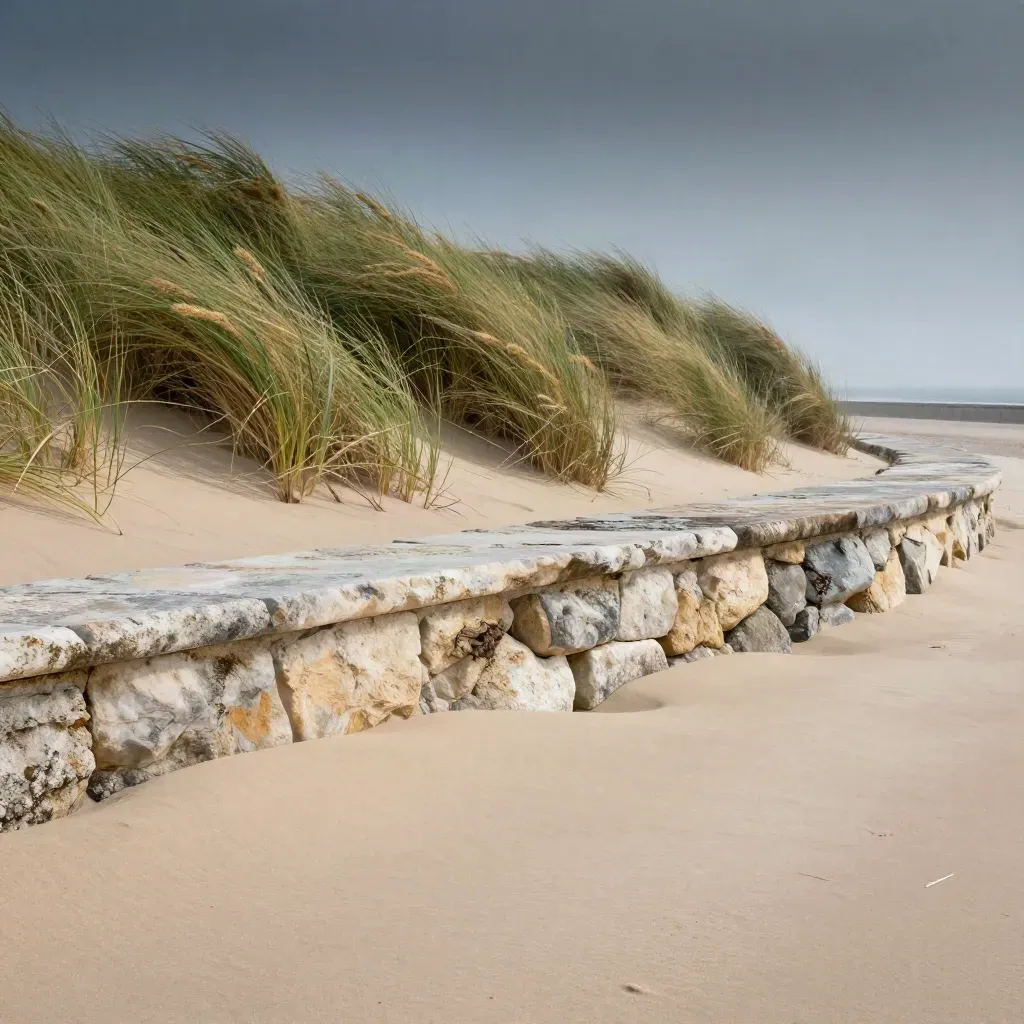Windblown dune grass above a weathered stone terrace beside a misty sea horizon