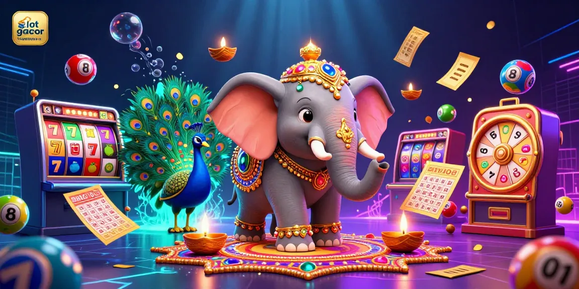Experience excitement with slot gacor terpercaya, featuring an elephant and a peacock surrounded by vibrant casino elements.