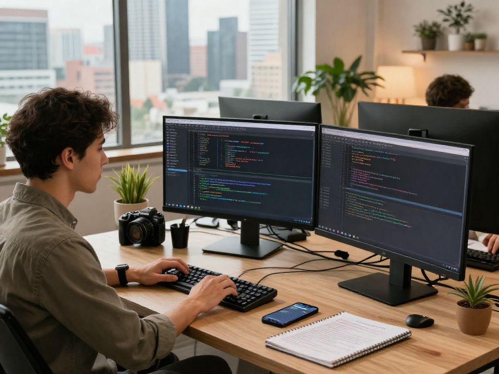 La imagen muestra a un profesional programando servidores VPS Windows en México, con monitores que reflejan configuraciones técnicas y un ambiente moderno.
