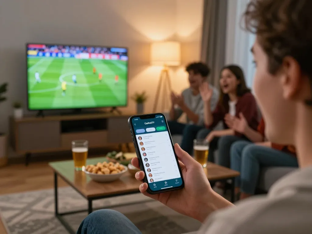 Engaged bettor using the CakhiaTV app during a live football match in a cozy room.