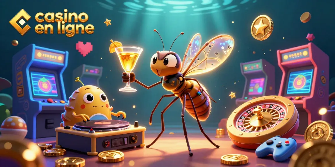 Jouez à casino en ligne avec une scène captivante mettant en vedette un moustique mascotte et un DJ trilobite.