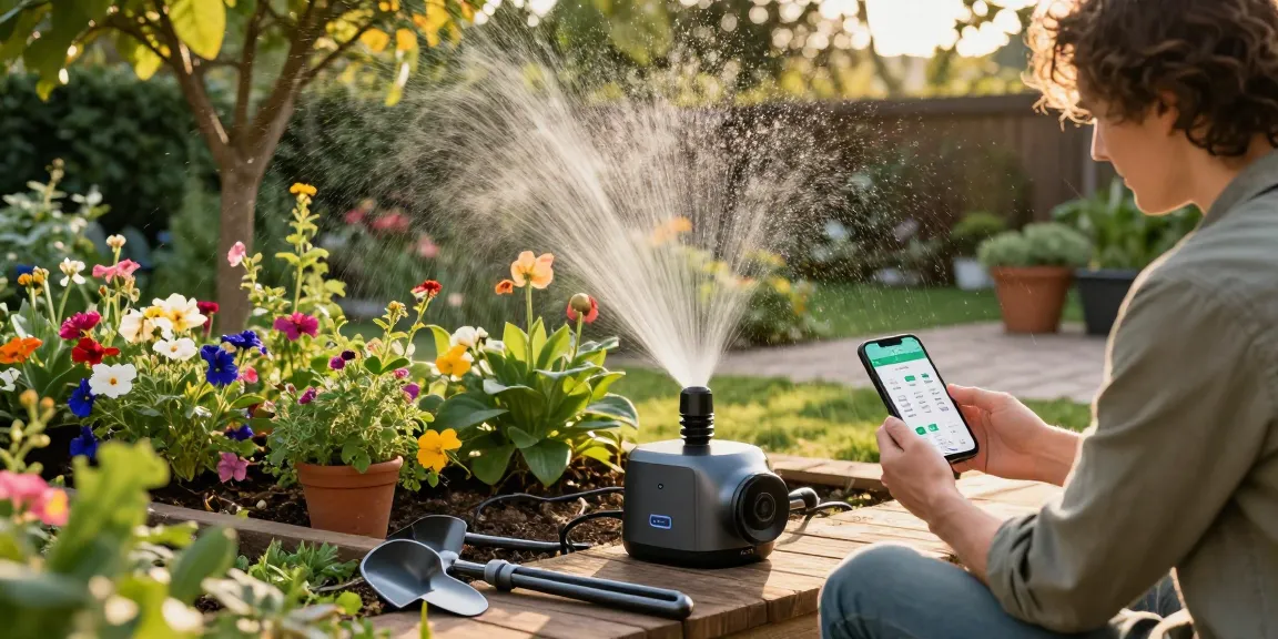 Efficient garden setup with a smart sprinkler watering vibrant plants.