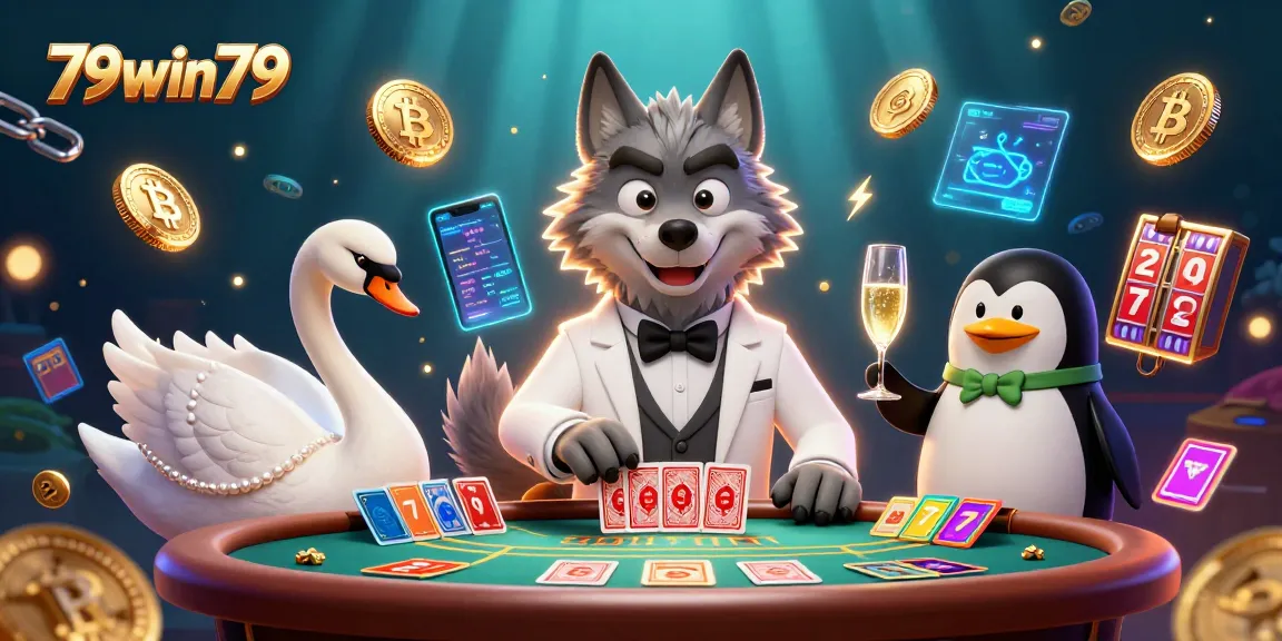 Engaging scene showcasing 79win79 with cartoon characters at a vibrant baccarat table, surrounded by crypto coins.