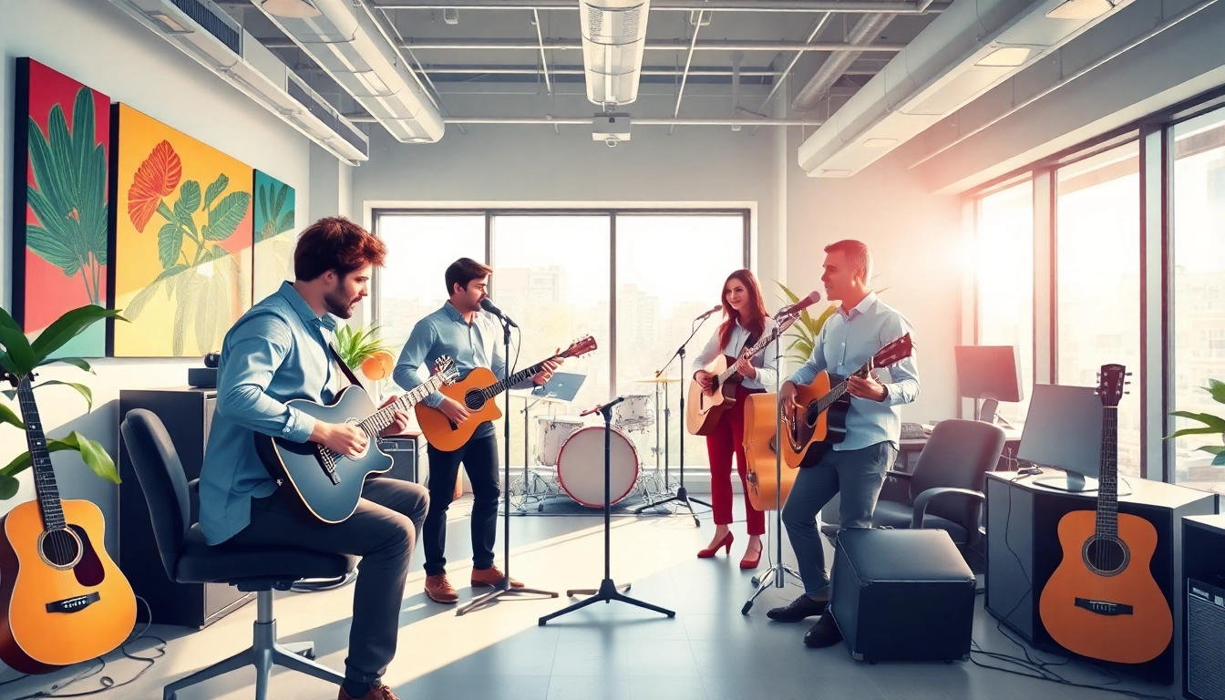 Leading music pr firm team strategizing in a vibrant office filled with musical elements.