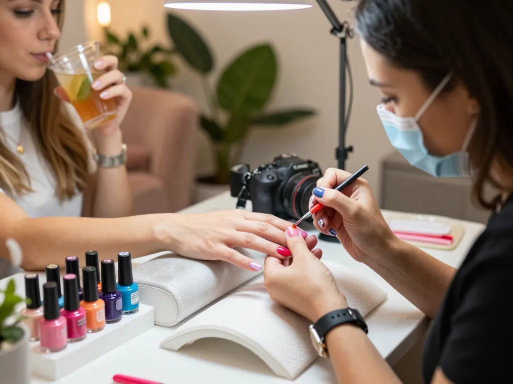 Skilled technician applying gel manicure nails in a vibrant beauty salon.