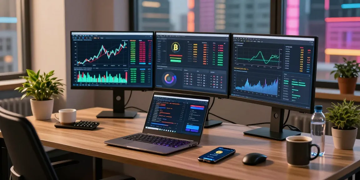 Cloud mining provider displayed on multiple screens in modern crypto trading office, emphasizing blockchain innovation.