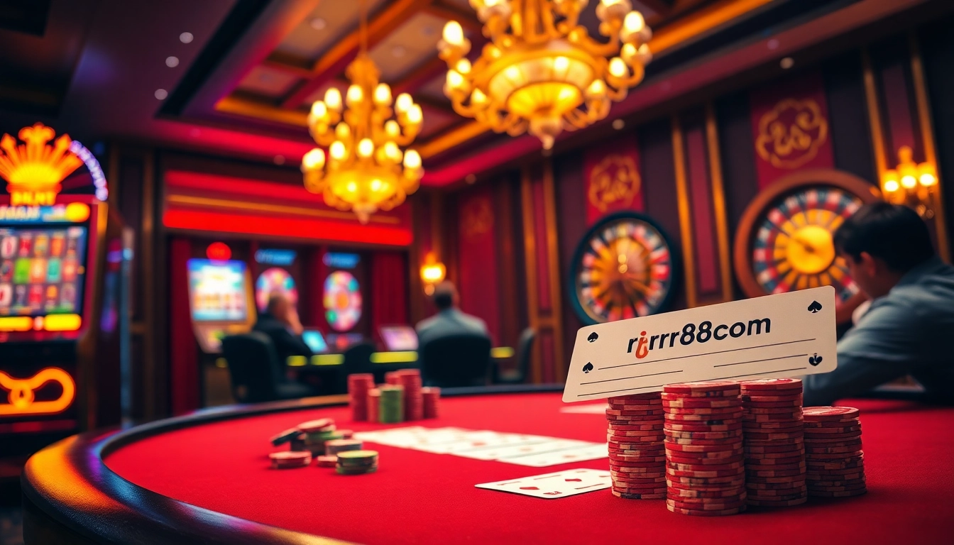 Experience thrilling gameplay at rr88ezcom with intense poker action, a vibrant roulette wheel, and colorful gaming chips.