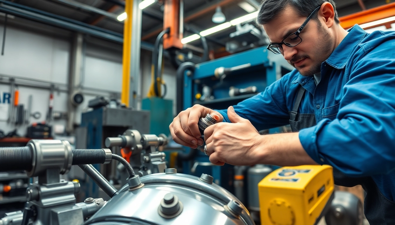 Technician performing hydraulic repair services on industrial equipment, showcasing expertise and attention to detail.
