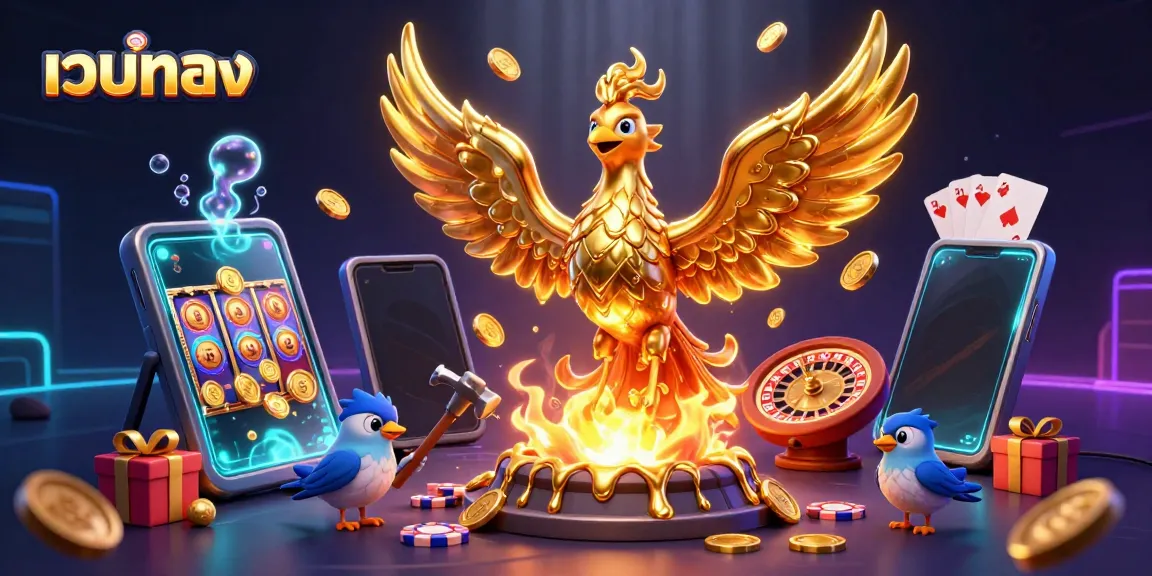 Experience เว็บตรง gaming with a golden phoenix and vibrant slot game elements in a captivating 3D scene.