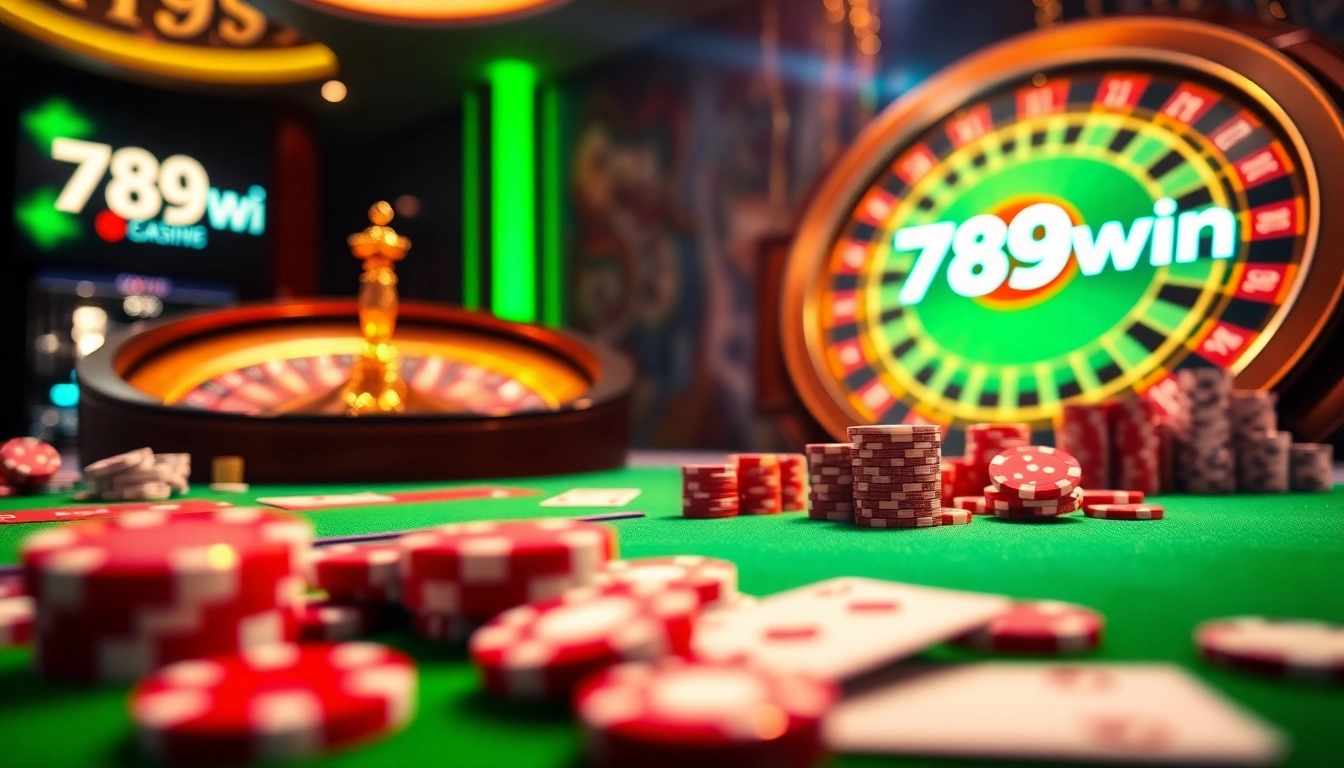 Experience the thrill of gambling with 789win at a vibrant casino table featuring poker chips and a roulette wheel.