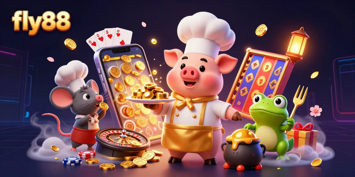 Experience the thrill of fly88 with a vibrant 3D illustration featuring a chef pig, sous-chef mouse, and critic frog in an energetic casino scene.