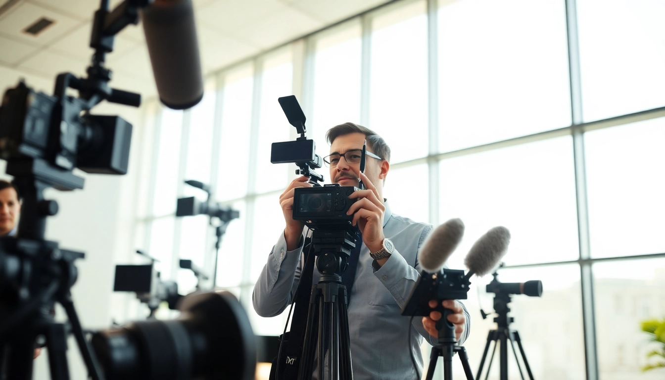 Engaging journalist covering news in a vibrant newsroom with advanced media tools.