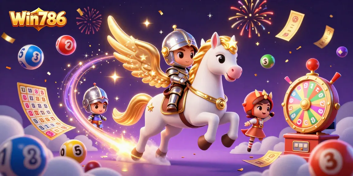 Win786 offers a whimsical 3D scene with a celestial horse and knight amidst lively gambling elements.