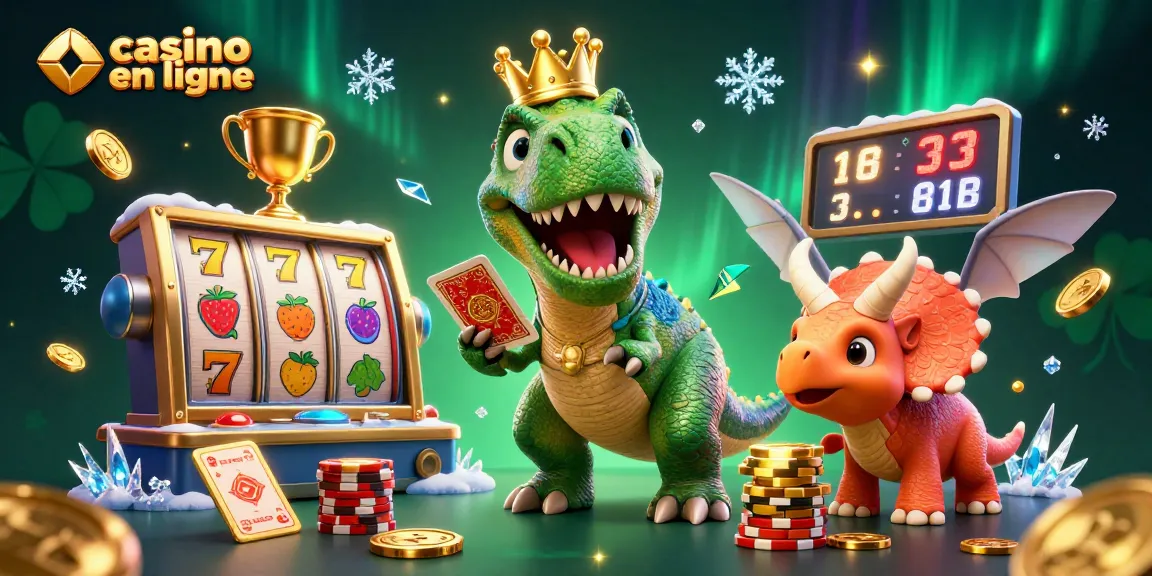 Illustration d'un T-Rex, assistant pterodactyle et triceratops dans un casino en ligne, entourés de jetons et de cartes.