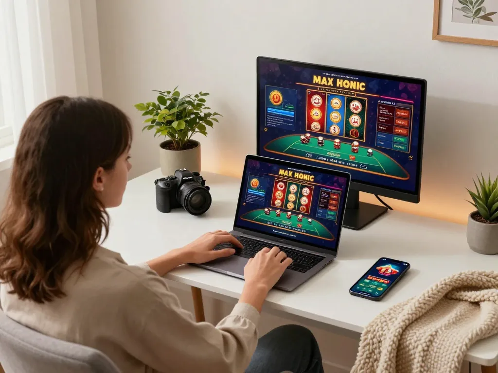 Engage in online gaming with Link vào win68 on a laptop, vibrant casino graphics on screen, personal and inviting atmosphere.