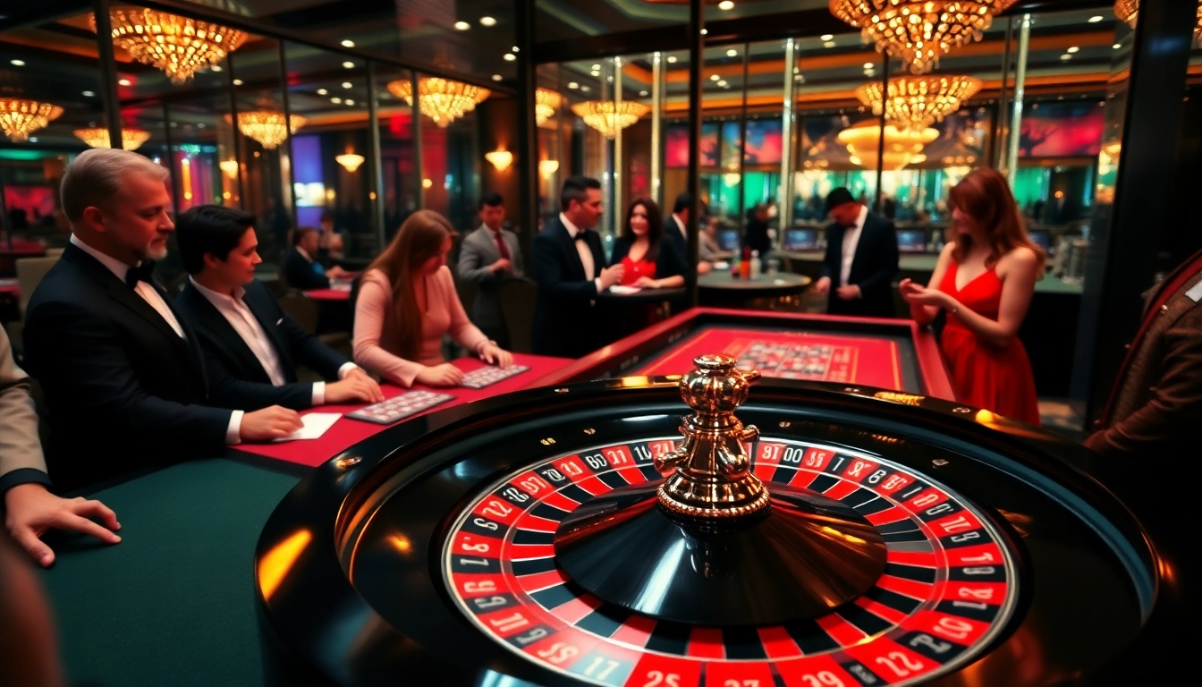 Mainkan ondel4d di meja roulette dengan suasana kasino yang meriah dan pemain terlibat.