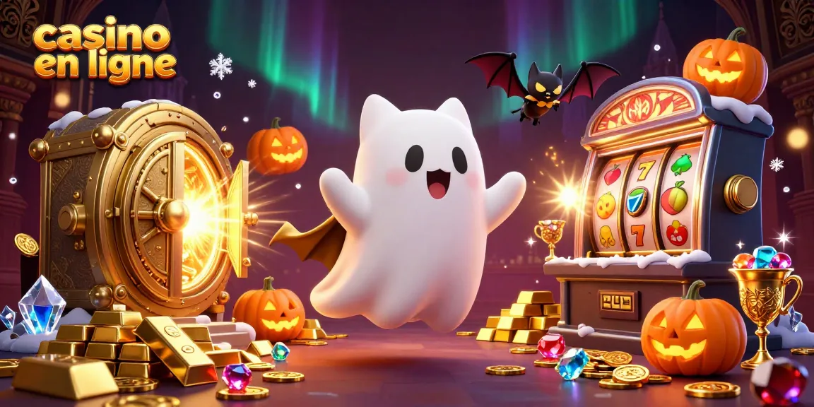 Jouez dans le casino en ligne avec un chat fantôme amical et un vampire, entourés d'éléments de jeux captivants.