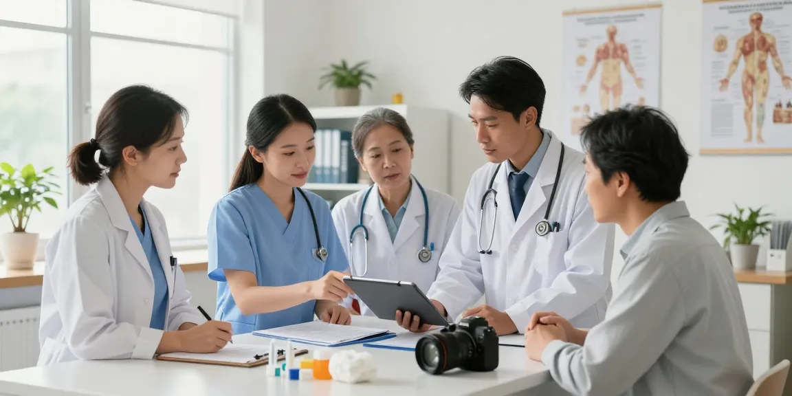 Team of healthcare professionals at https://factors.org.uk discussing patient care in a bright clinical office.