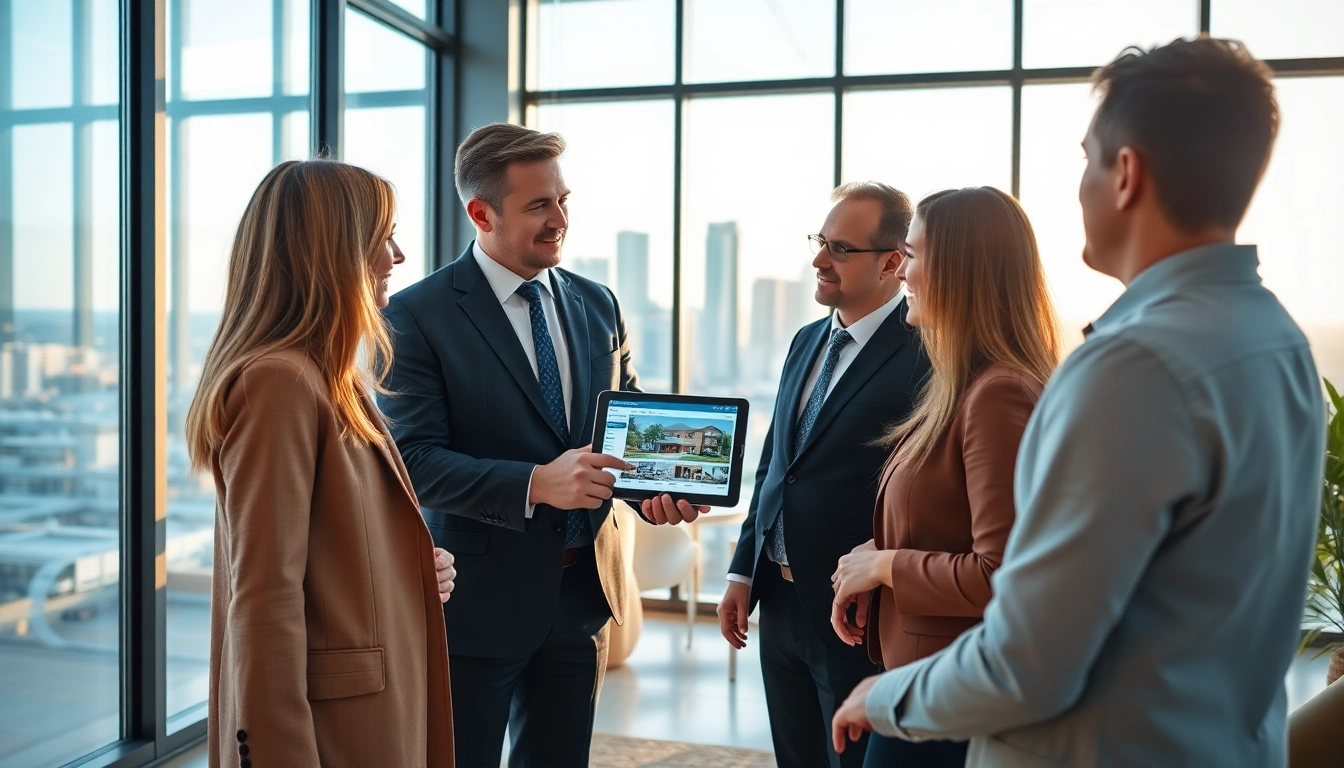 Real Estate consultation showcased with a professional agent and clients in a bright office.