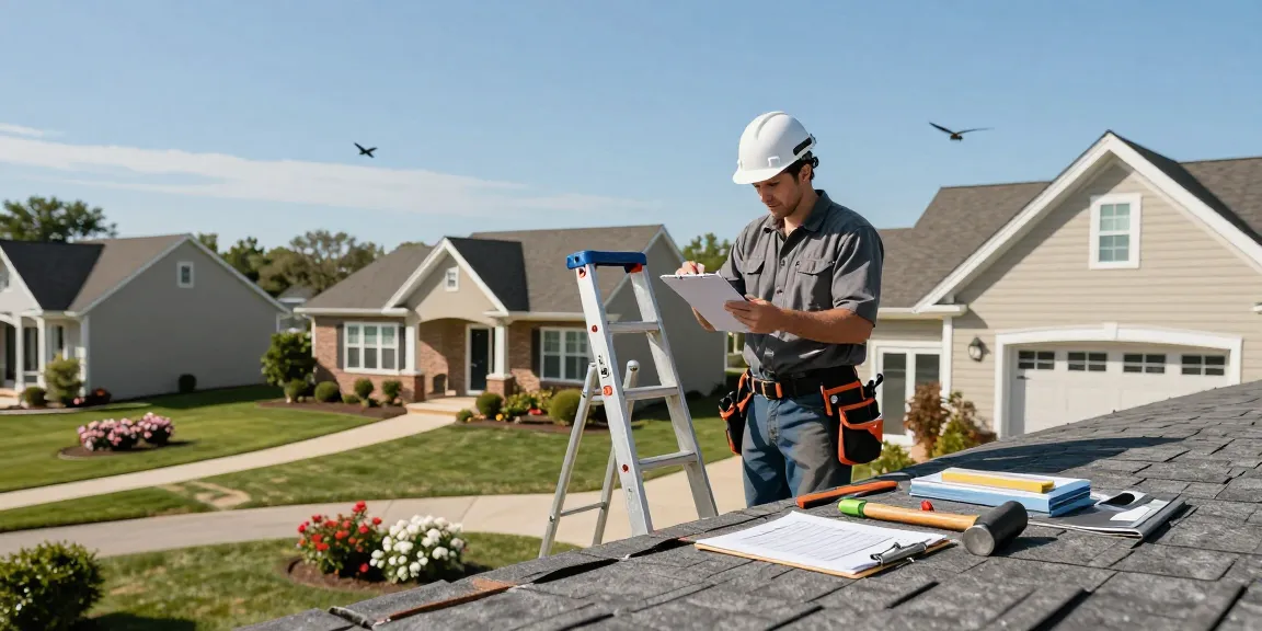 Roofing company near Solon conducting roof inspection in neighborhood.