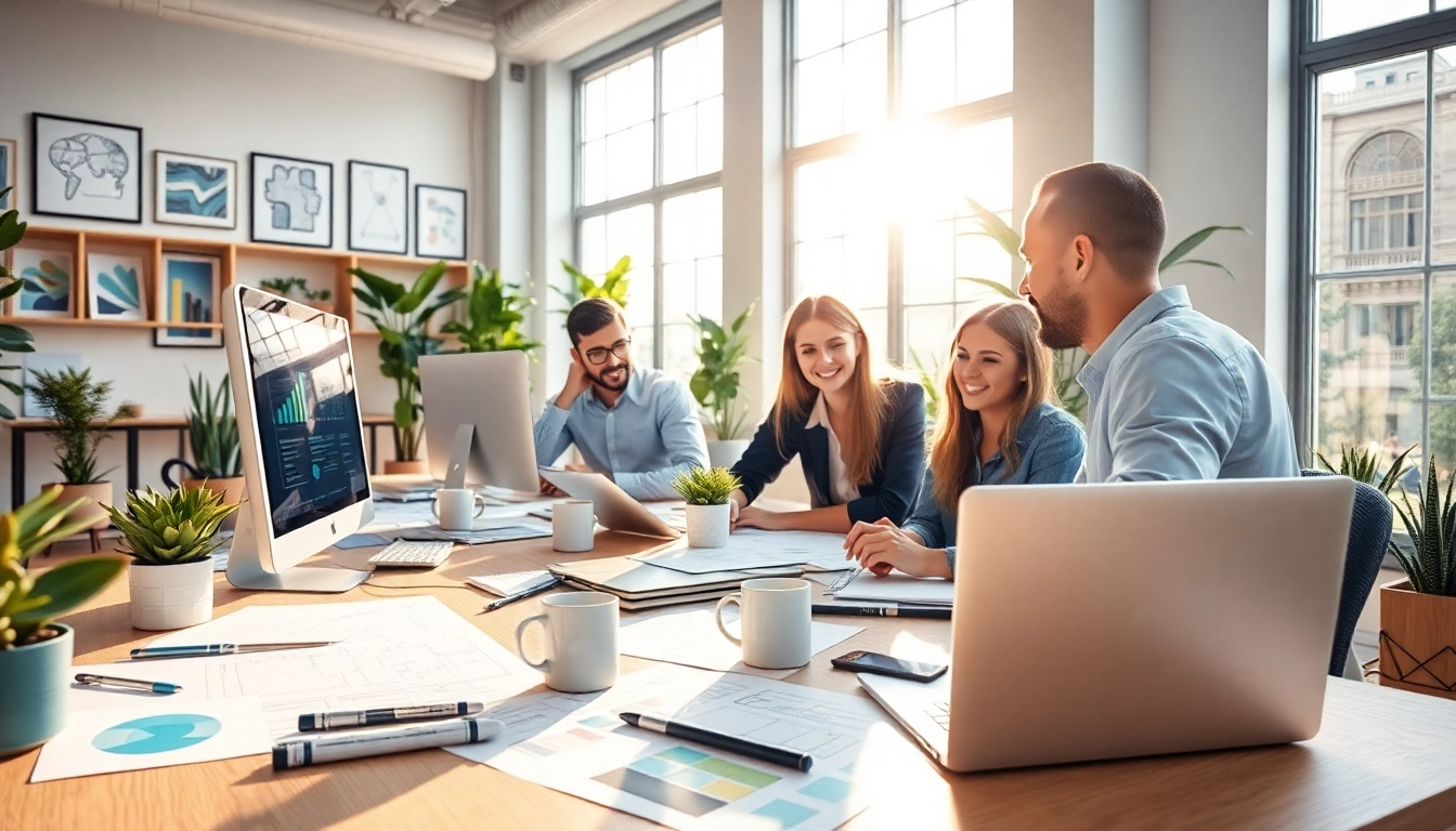 Visualize a team working on website design essex projects in a bright, modern office.