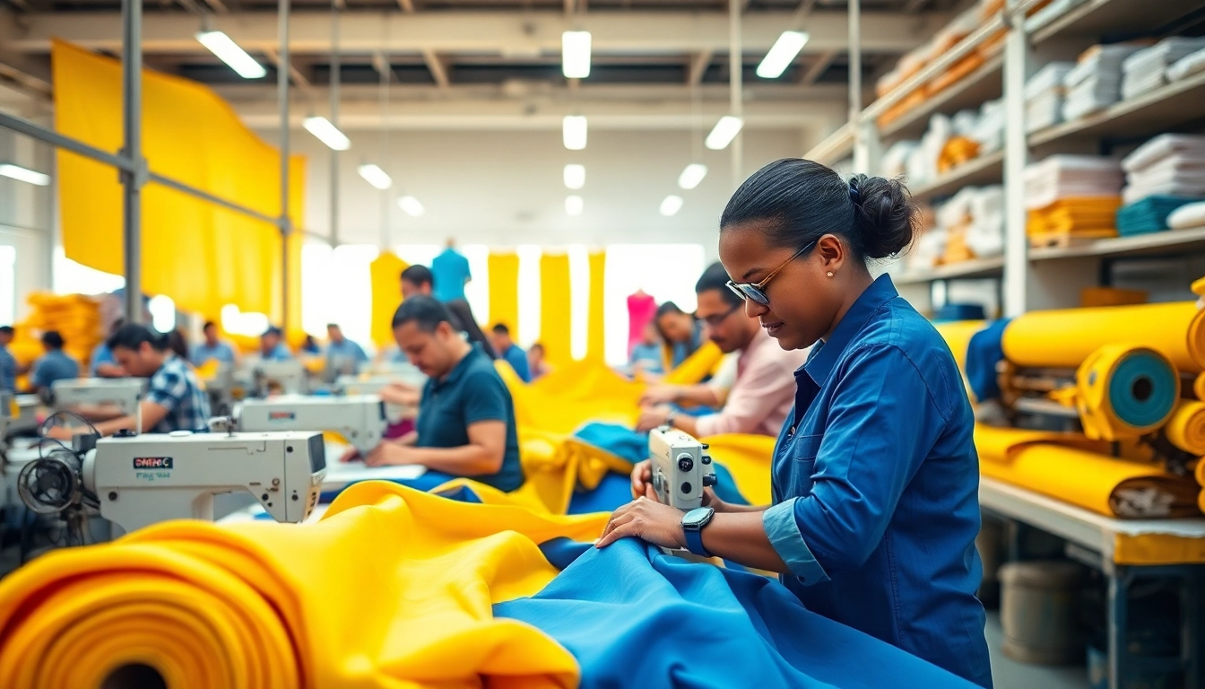 Skilled workers at an apparel manufacturer showcasing vibrant textiles in a modern setting.