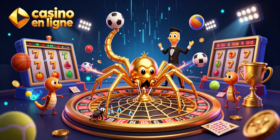 Pariez au casino en ligne avec une illustration d'une araignée dorée et un croupier