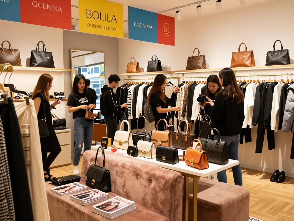 Stylish individual exploring high-end 레플리카 사이트 products in urban boutique, vibrant fashion atmosphere.