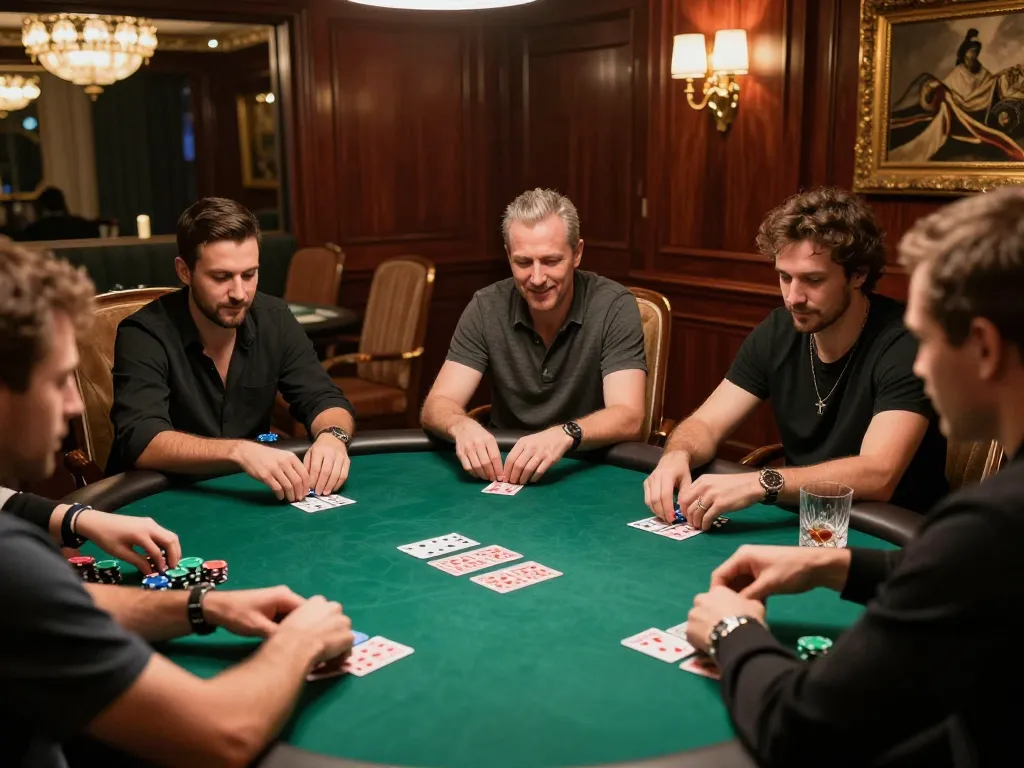 NHÀ CÁI DABET intense poker game in a luxurious private gaming room with players and chips