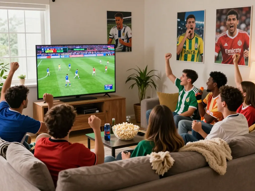 Exciting football viewing moment at https://cakhiatv.design/ with friends cheering and enjoying snacks.