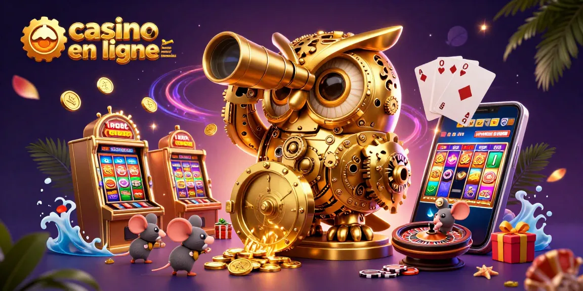 Jouez au casino en ligne retrait immédiat avec une illustration dynamique de machines à sous et un hibou doré.