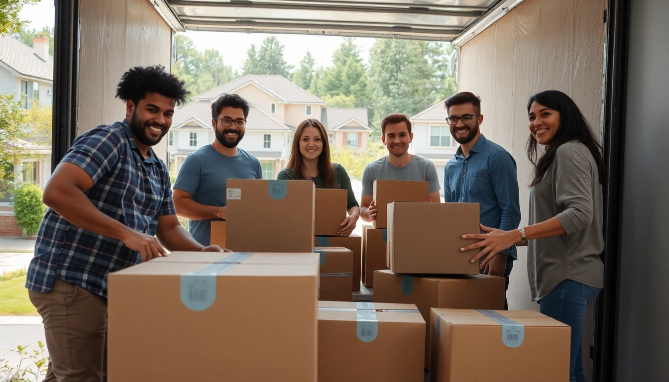 Moving Services professionals packing items efficiently for relocation in a sunny outdoor setting.