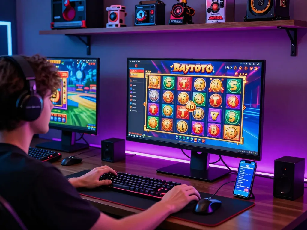 BAYITOTO online gaming scene featuring a player at a sleek desk engaged with Toto Slot 4D games, vibrant LED lights enhance the thrilling atmosphere.