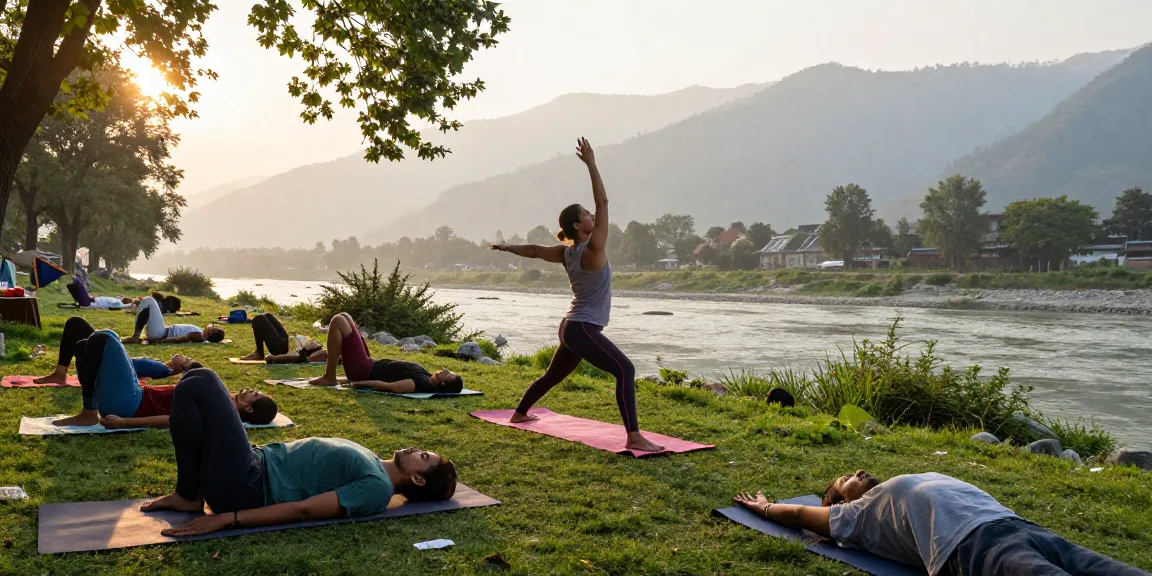 Practicing 500 hour yoga teacher training Rishikesh india under the serene Himalayan sunrise.