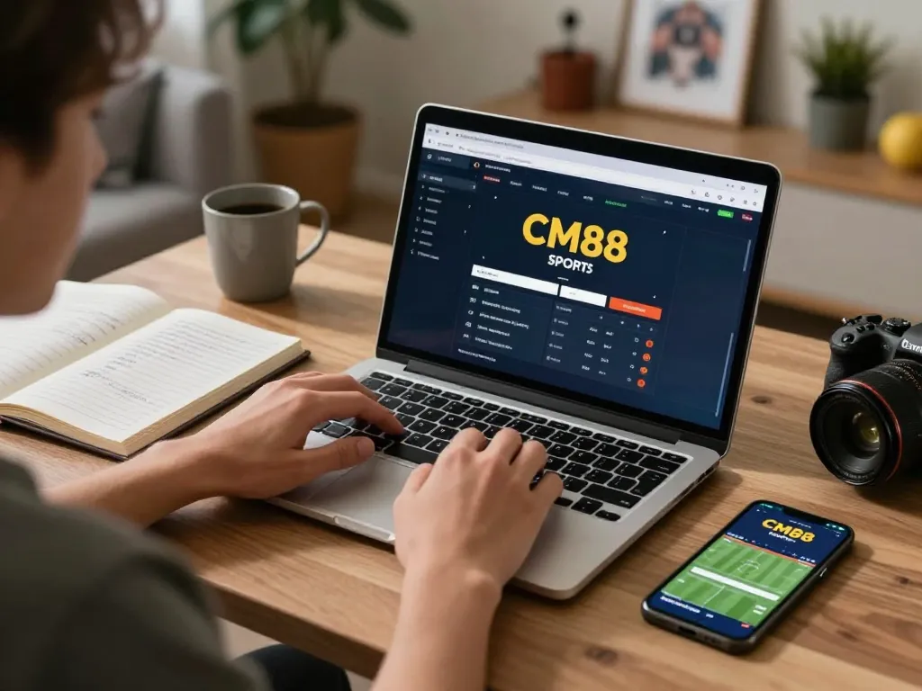 Person engaged in sports betting on CM88 platform from home, showcasing dynamic gaming environment.