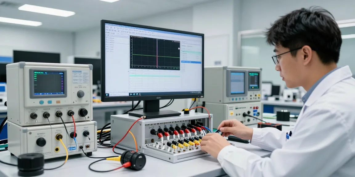 Engineer connecting geophone connectors in a modern technical lab, showcasing seismic technology.