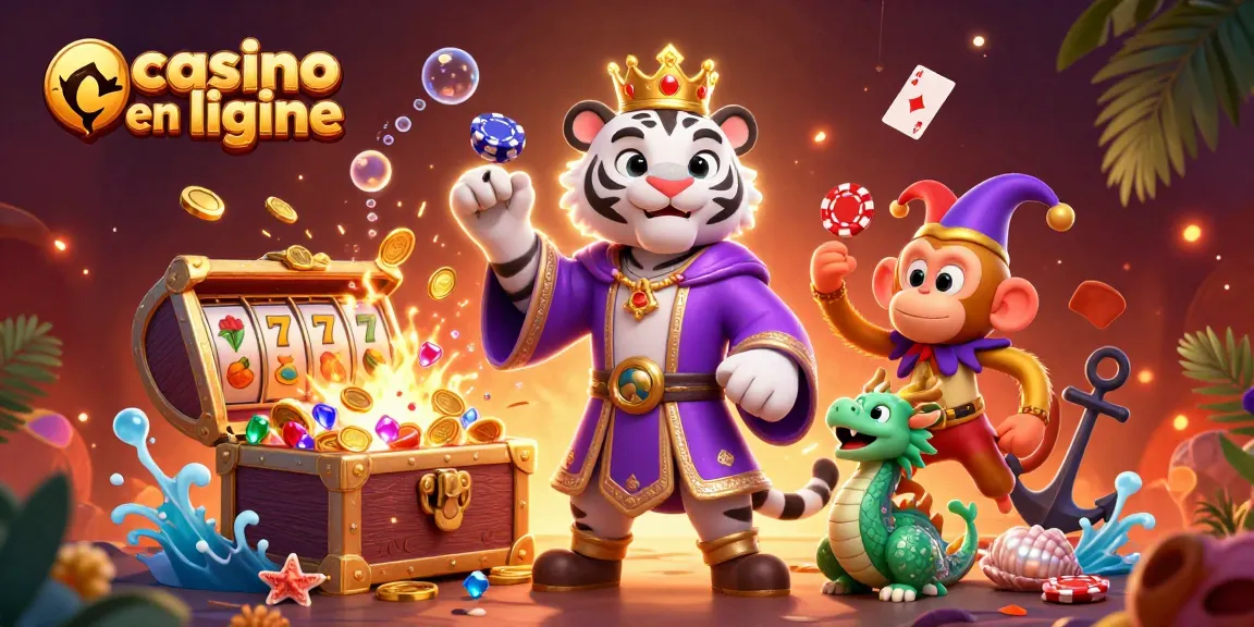 Rejoignez l'action sur un casino en ligne : un tigre en robes royales, un singe jongleur, et un dragon animé au milieu des machines à sous.
