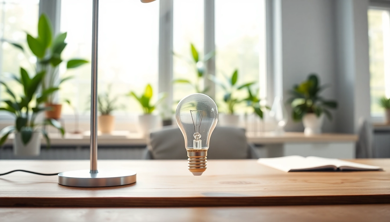 A close-up view of an a19 led bulb illuminating a stylish home office workspace.