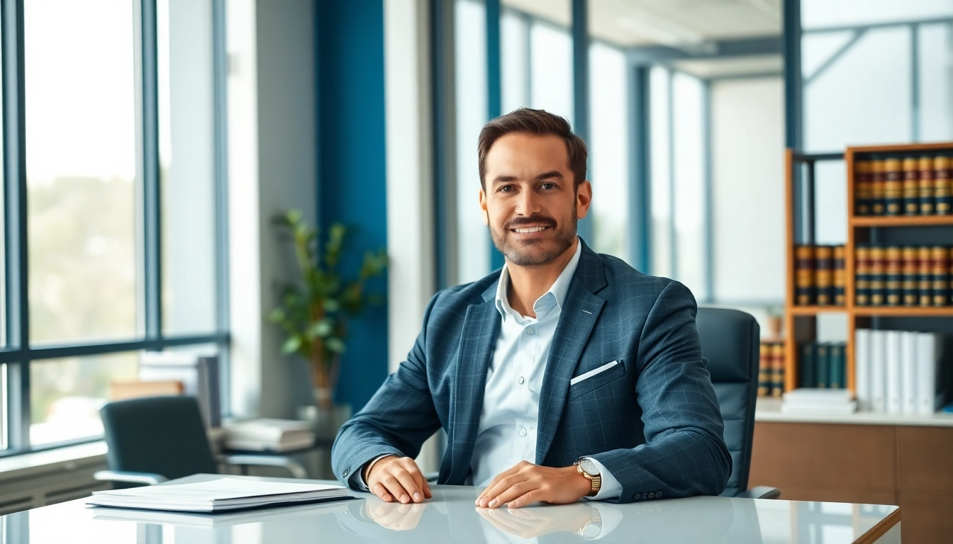 Houston Personal Injury Attorney confidently discussing a case in a modern office.