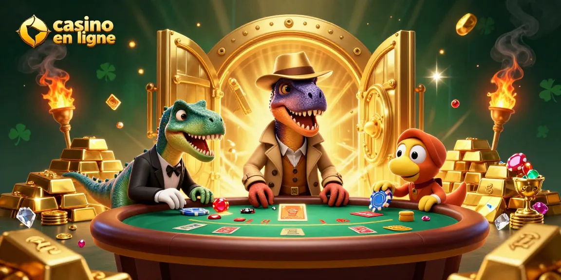 Jouez à un casino en ligne avec un vélociraptor comptant des cartes dans une scène brillante et animée.