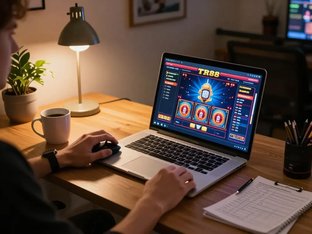 Engaging with TR88 online slots on a modern gaming setup, showcasing excitement and strategy